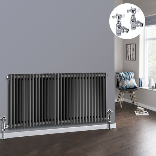 Anthracite 2 Column Traditional Cast Iron Style Radiator with Chrome Angled Cross Head Manual Valves Horizontal 600x1460mm