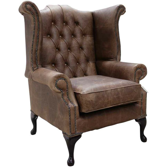 Chesterfield Queen Anne High Back Wing Chair Cracked Wax Tobacco Leather