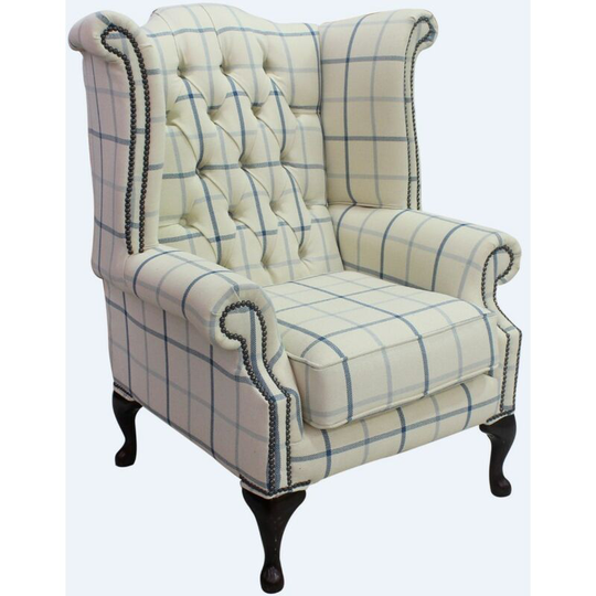 Chesterfield Queen Anne Wing Chair High Back Armchair Piazza Square Check Blue Fabric