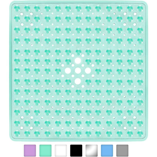 21 x 21 In Shower Mat for Bathtub, Non-Slip with Drain Holes Machine Washable, Clear Green