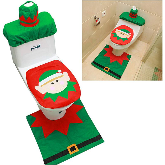 Christmas Toilet Seat Cover Decorations,Xmas Santa Claus,Elf,Elk Bathroom Decor Includes Toilet Seat Cover, Rugs, Tank Cover with Toilet Paper Box