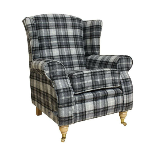 Arnold Wool Tweed Wing Chair Fireside High Back Armchair Fernie Grey Check Fabric