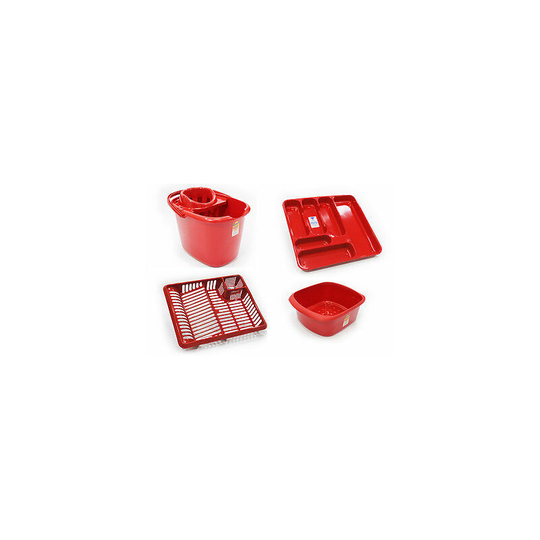 Set of 4 plastic mop bucket dish drainer cutlery tray rectangular bowl red