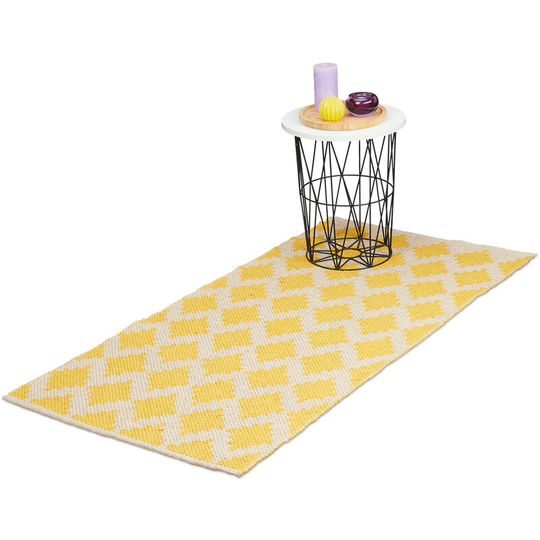 Cotton Runner Rug, 70 x 140 cm, Non-slip, Hand-Woven, Diamond Pattern, Decorative Carpet for Any Room, Yellow - Relaxdays