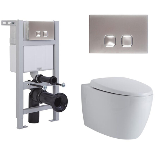 Milano - Altham - White Ceramic Modern Bathroom Wall Hung Round Rimless Toilet wc with Short Frame Cistern and Square Chrome Flush Plate