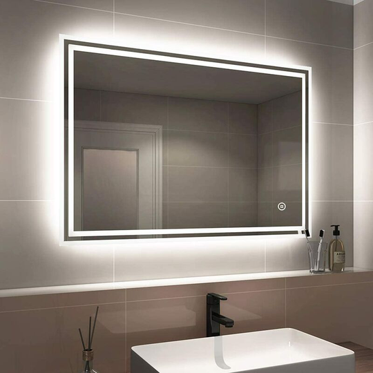 EMKE Illuminated Bathroom Mirror 1000 x 700 mm, LED Bathroom Mirror 6500K Cold White Light with Touch Switch + Demister Pad, Frameless Wall Mounted
