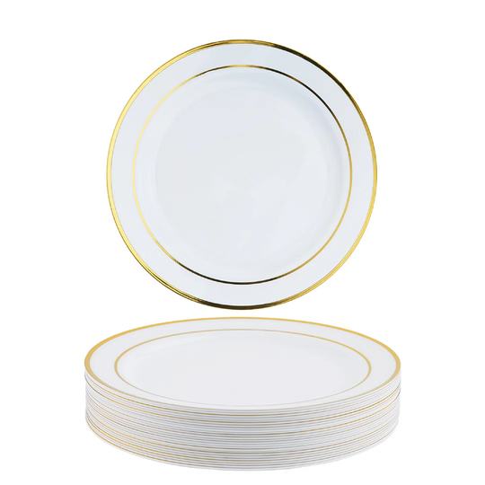 25 Premium Multi-Use Plastic Dessert Party Plates With Gold Rim - 19Cm