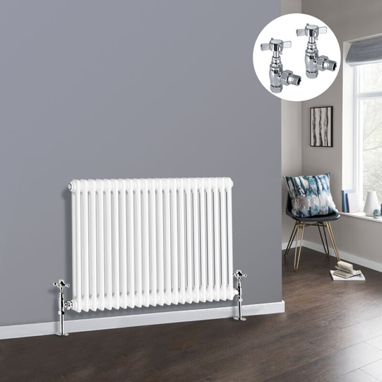 NRG - White 2 Column Traditional Cast Iron Style Radiator with Chrome Angled Cross Head Manual Valves Horizontal 600x1010mm