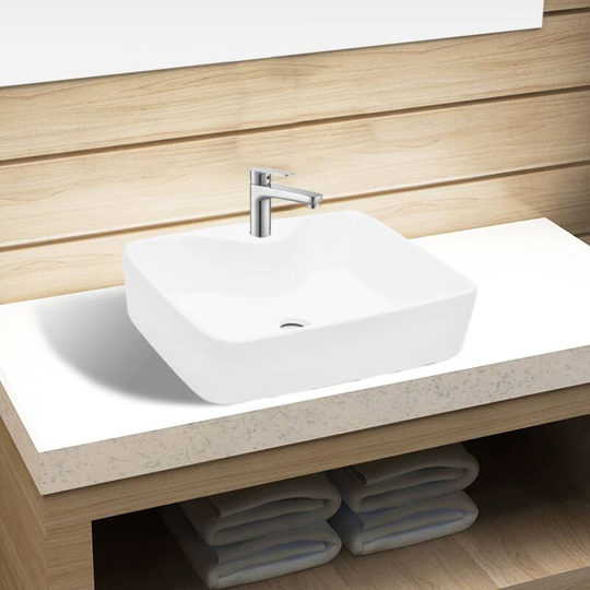 Ceramic Bathroom Sink Basin with Faucet Hole White Square - White