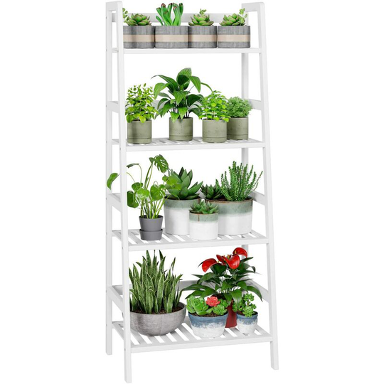 Homfa Bamboo Storage Shelves 4 Tier Ladder Shelf Unit Freestanding Storage unit Bathroom Storage Rack Plant Display Stand Adjustable Shelves