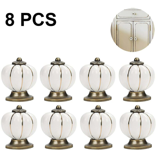 8pcs Round Ceramic Pumpkin Cabinet and Furniture Knobs Pulls Chrome Finished Base Drawer Handles Door Hardware Knob White