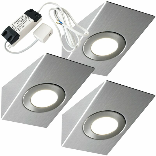 Loops - 3x brushed nickel Wedge Surface Under Cabinet Kitchen Light & Driver Kit - Warm White led