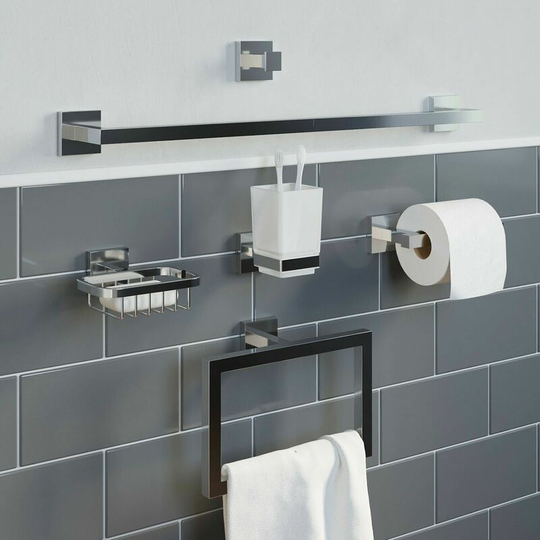 Bathroom Accessories Set Toilet Roll Holder Towel Ring Rail Tumbler Hook Soap - Silver