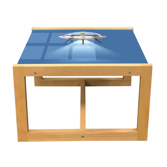 Alien Coffee Table, Flying UFO With A Green Creature Waving Extraterrestrial Cartoon Style, Acrylic Glass Center Table With Wooden Frame For Offices D