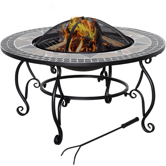 Outsunny - Firepit Fire Bowl w/ Grill Spark Screen Cover Fire Poker Bonfire Patio - Black, Yellow