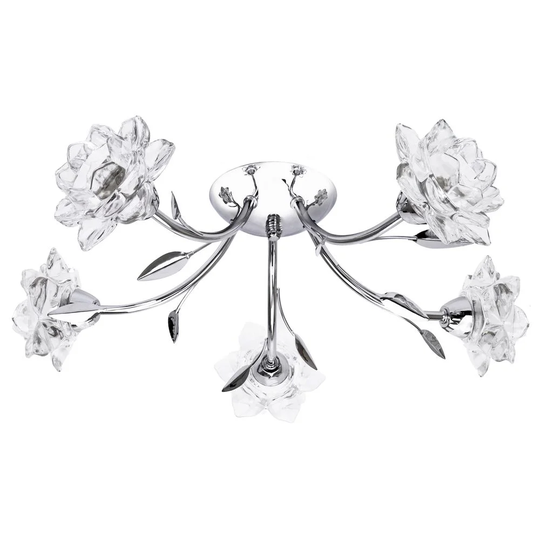Designer 5 Arm Polished Chrome Ceiling Light Fixture With Floral Glass Shades By Fairmont Park
