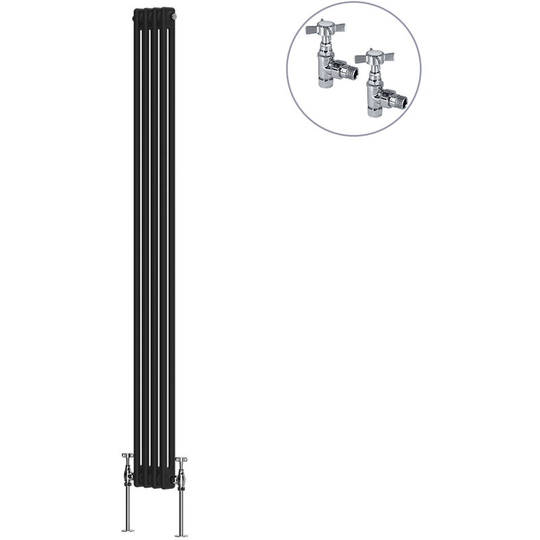 Traditional Rad Cast Iron Style Radiator Black + Chrome Angled Traditional Radiator Manual Valves 1800x200mm Vertical Double Column