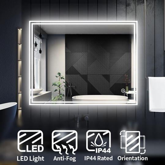 Bathroom Mirror Aluminium Framed Horizontal Vertical 900x700mm Modern Mirror led Bathroom Mirror with Touch Sensor - Elegant
