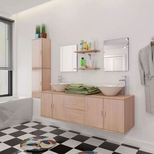 Nine Piece Bathroom Furniture and Basin Set Beige VD15787 - Hommoo