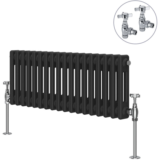 Black Traditional Cast Iron Style Radiator with Chrome Angled Cross Head Manual Valves Horizontal 2 Column 300x830mm