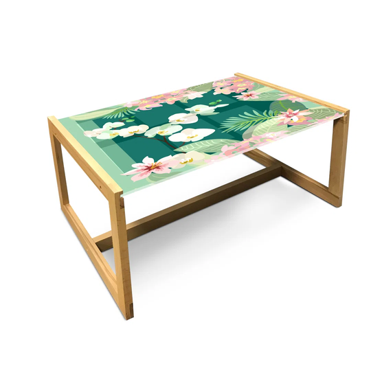 Orchids Coffee Table, Print Of Tropical Bouquets Botanical Flourish Essence Of Jungle, Acrylic Glass Center Table With Wooden Frame For Offices Dorms