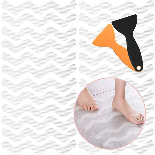 24 Non-Slip Bathtub Stickers, Wavy Non-Slip Stickers, Shower Stickers with Scraper for Bath, Stairs, Shower, Slippery Surfaces.