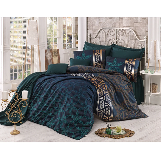 Hanish Dark Green/Mustard/Brown Cotton Satin 210 TC 3 Piece Duvet Cover Set