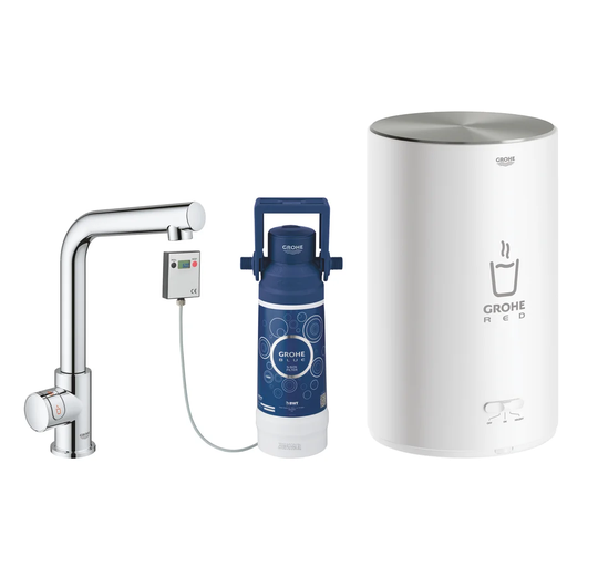GROHE RED Mono kitchen tap (L-spout) with filter set and M size boiler for instant kettle-hot water. Chrome finish. A-rated energy efficiency and safe