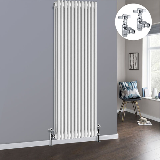 White 3 Column Traditional Cast Iron Style Radiator with Chrome Angled Cross Head Manual Valves Vertical 1800x562mm