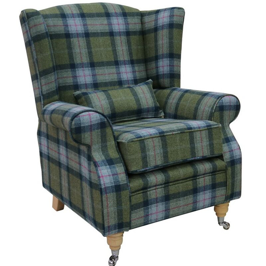 Arnold Wool Tweed Wing Chair Fireside High Back Armchair Skye Olivine Check Tartan