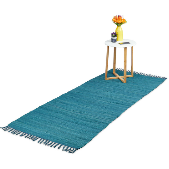 Flatweave rug, made of cotton, anti-slip, runner with tassels, floor rug, size 80 x 200 cm, blue - Relaxdays