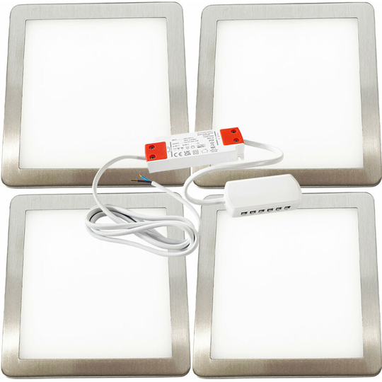 Loops - 4x brushed nickel Ultra-Slim Square Under Cabinet Kitchen Light & Driver Kit - Warm White Diffused led