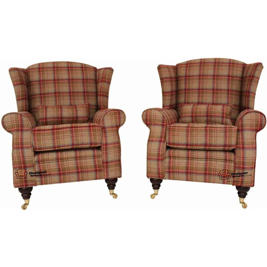 2 x Arnold Wool Tweed Wing Chairs Fireside High Back Armchairs Heritage Scarlet Check Fabric