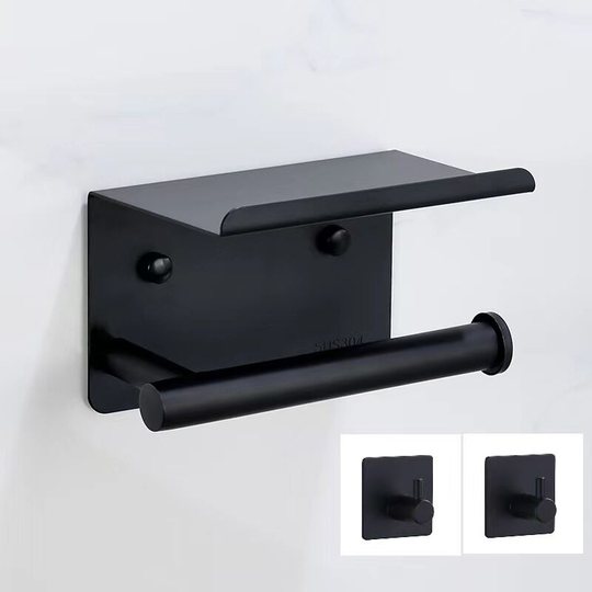 Toilet Paper Holder with Phone Shelf + 2 Towel Hooks, Wall Mounted Stainless Steel Toilet Roll Holder (Black), Double Sided Adhesive Without Drill or