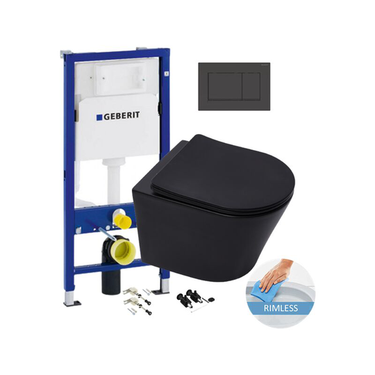 Geberit Toilet set UP320 support frame + Infinitiorimless toilet matt black + Softclose seat + Black flush plate (GebBlackInfinitio-G)