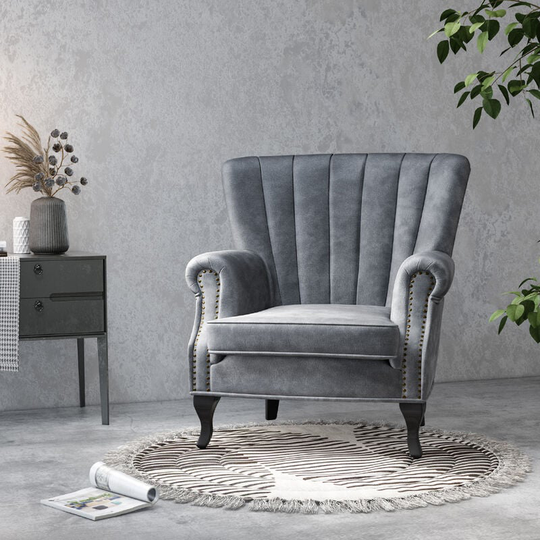 Velvet Pleated Wingback Armchair, Grey - Livingandhome