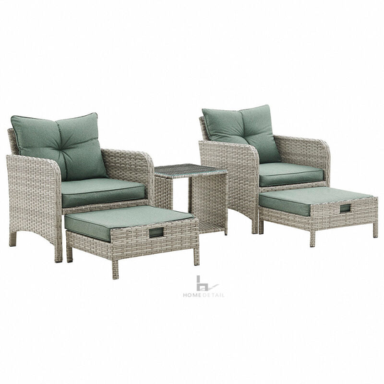 Garden Armchair Rattan Set with Side Table & Ottoman Footstools - Grey