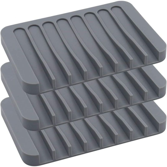 Set of 3 Silicone Soap Dish with Automatic Drain, Bath Shower Soap Box for Bathroom, Kitchen or Travel, Gray