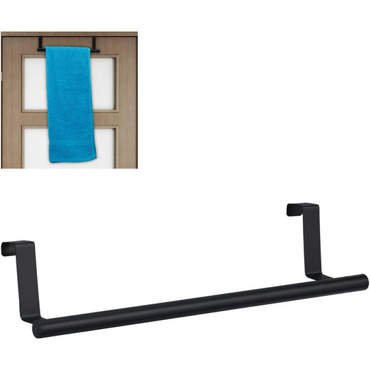 Relaxdays Towel Holder for Doors & Closet, Hanging, Stainless Steel, Rail, No Drilling, Kitchen & Bathroom, Black