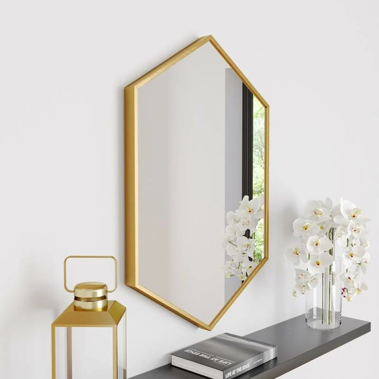 Large Modern Hexagonal Glass Mirror 75x50cm Brushed Brass Frame Wall Mounted Vanity - Gold