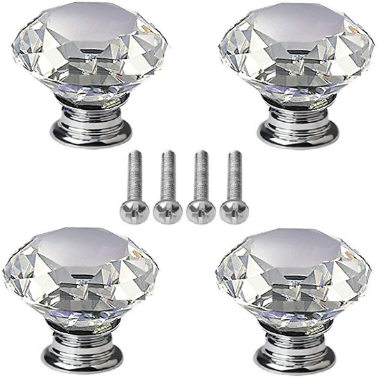 Modou - Set of 4 Crystal Knobs, 40mm Diamond Drawer Cabinet Glass Door Handles with Screws for Home Kitchen Office Dresser