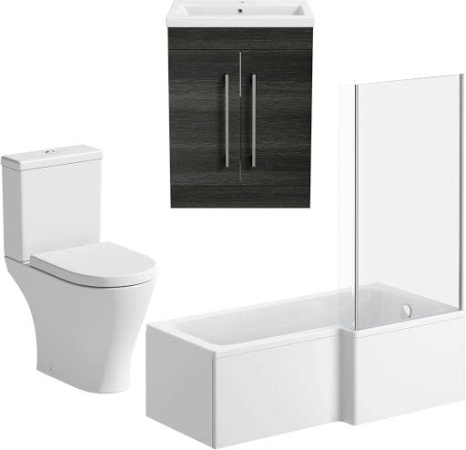 Arles Bathroom Suite with L Shape Bath, Screen & Aurora Charcoal Grey Vanity Unit - Right Hand 1700mm
