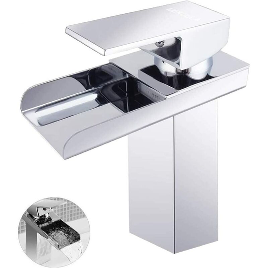 Bathroom Sink Faucet, Modern Design Single Handle Waterfall Basin Mixer, Hot and Cold Water Available, Brass, Chrome (Without hose)