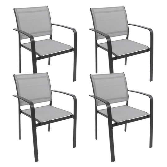 Garden Chair Set of 4, Stacking Armchair with Textilene Fabric and Metal Frame, Outdoor Dining Chair for Patio Garden (Gray)