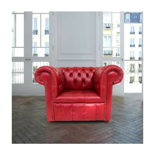 Chesterfield Low Back Club ArmChair Buttoned Seat Old English Gamay Red Leather