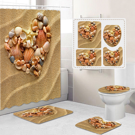 Shower Curtains with Soft Non-Slip Bath Mat Toilet Cover for Bathroom Four Pieces, Home Waterproof Bathtub Curtain Sets, Marine Style Love Shell 3D