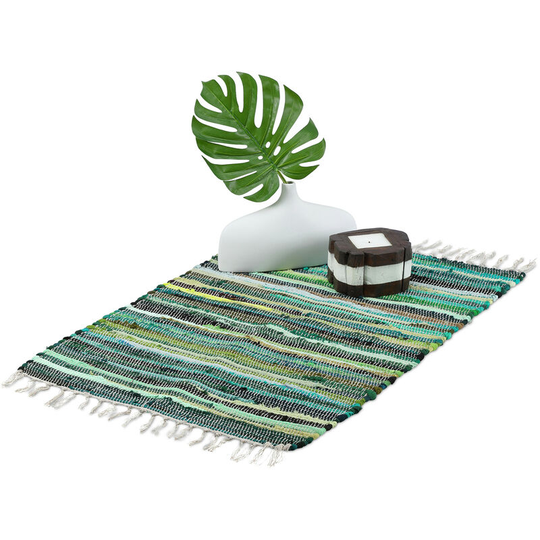 Flatweave rug, made of cotton, anti-slip, runner with tassels, floor rug, size 60 x 90 cm, shades of green - Relaxdays