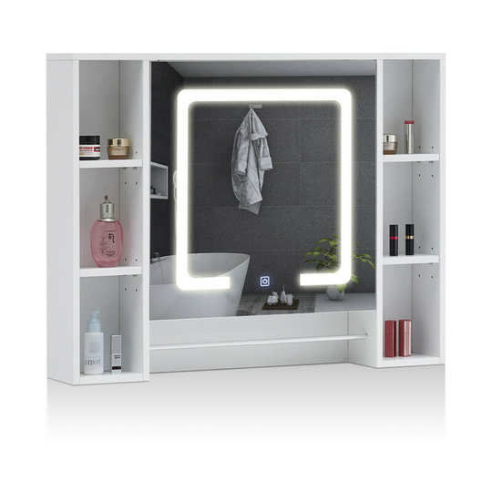 Clipop - Bathroom Mirror Cabinets with led Lights, 70 x 90 x 15.5cm Bathroom Wall Cabinets With Towel Rail, 5 Adjustable Storage Shelves
