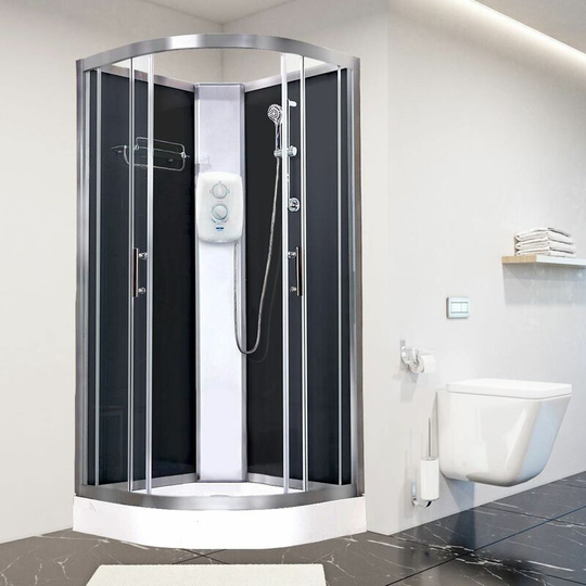 Electric Shower Cubicle Cabin Vidalux Pure e Quadrant 800 Black Enclosure 9.5kW - Silver