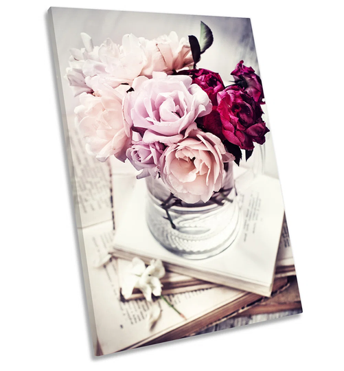 Vintage Style Rose Flowers Print CANVAS WALL ART Portrait Picture Multi-Coloured